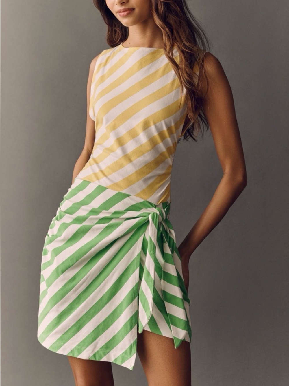 Anthropologie Daily Practice Wrapped Mini Dress in Green Pattern Yellow Stripe M